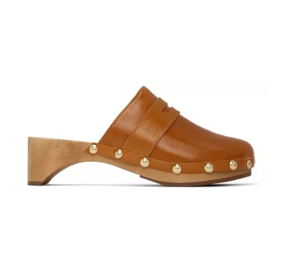 By Far Hans Wooden Mules Clogs Size 8 Tan Leather Studded Slip On Retro